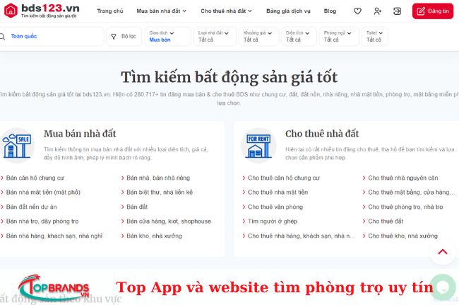 Website tìm kiếm phòng trọ Bds123.vn